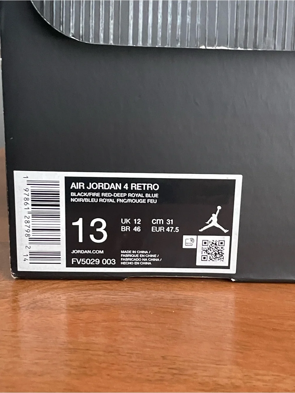 Nike Air Jordan 4 Retro Rare Air Black Fire Red Deep Royal Blue Men’s Size 13 FV